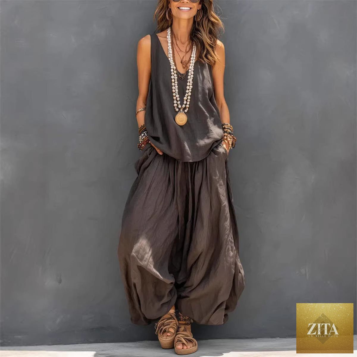 Womens Solid-Colored Casual Sleeveless Tank Top And Wide-Leg Pants Cotton-Linen Set For Daily Wear Holiday Outfit