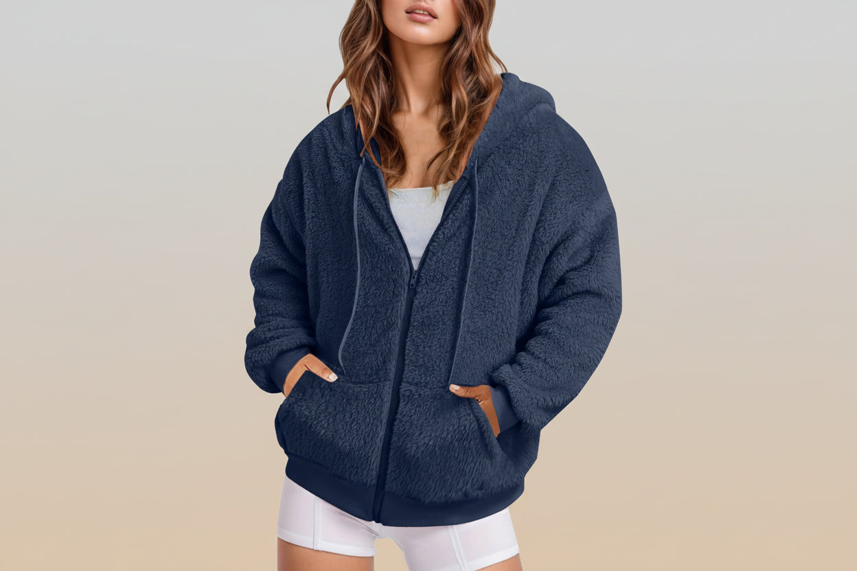 Oversized Fit zip-up hoodie by FitiqueFit in soft cotton velvet fabric, showing front view with long sleeves and hood.