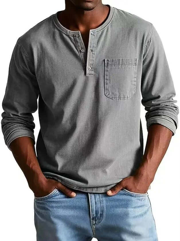 Men's V-neck Long-sleeved Pullover Top with Button Design