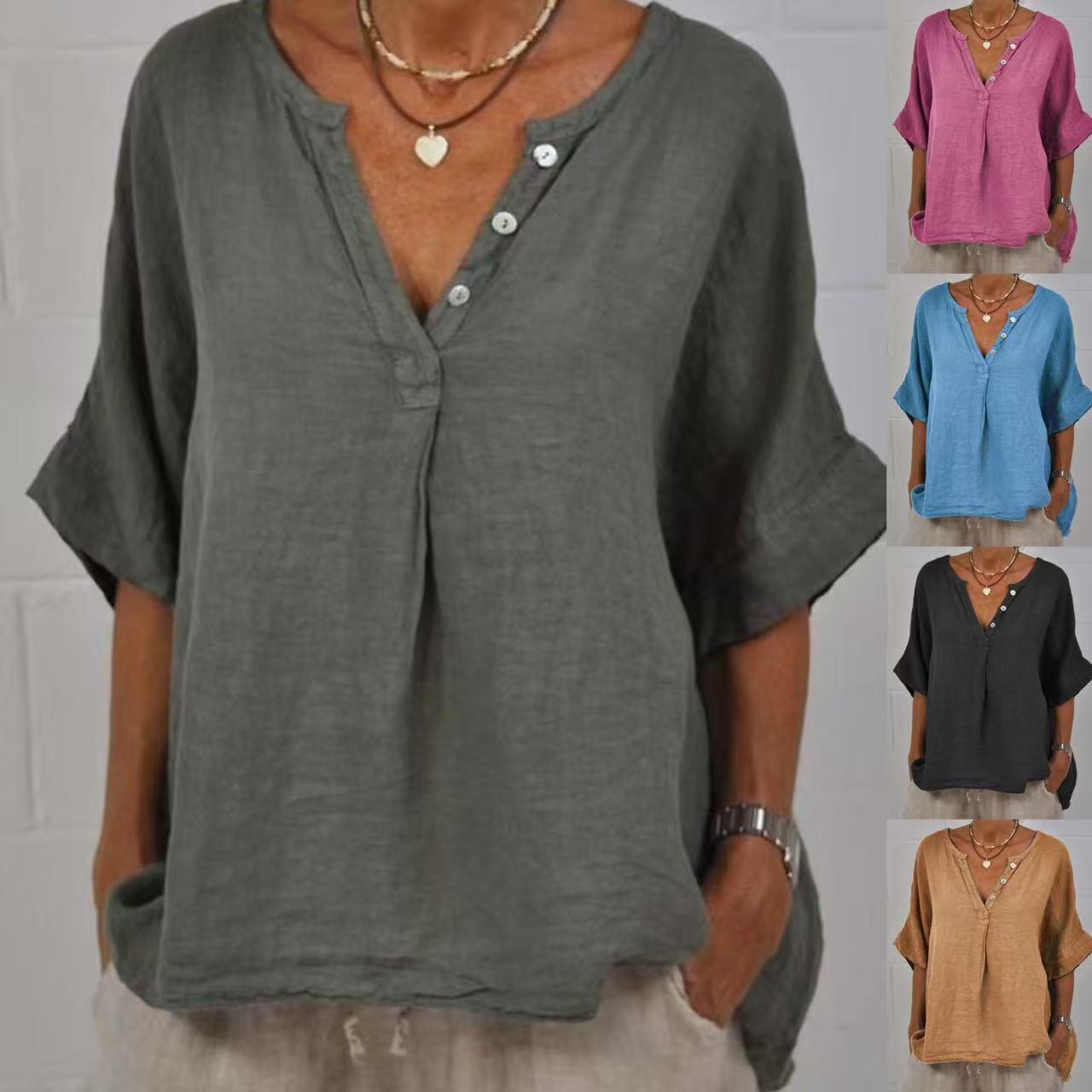 Women's Cotton Linen V-Neck Button-Up Shirt