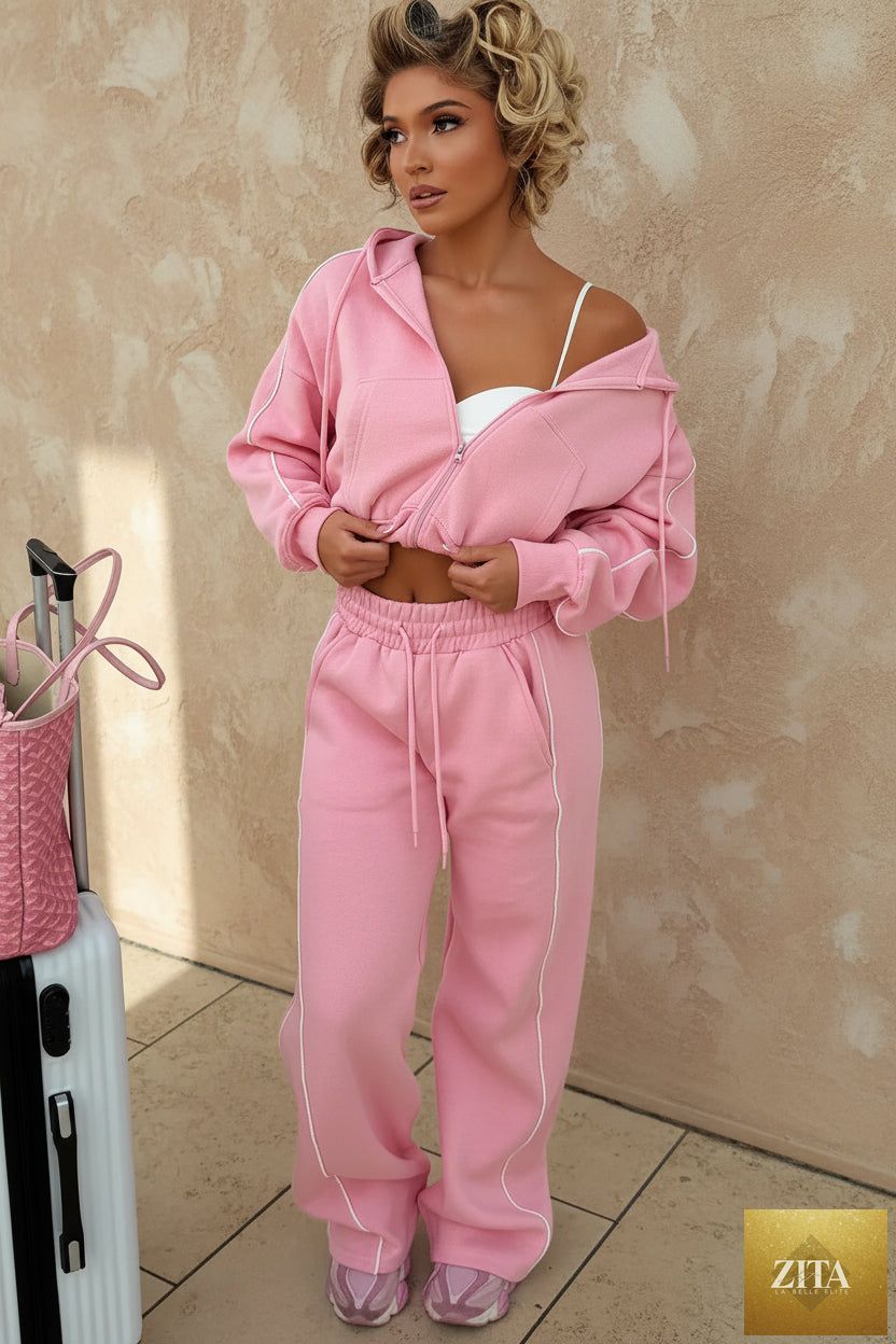Women's Fleece Cropped Zip Hoodie & Wide-Leg Pants Set