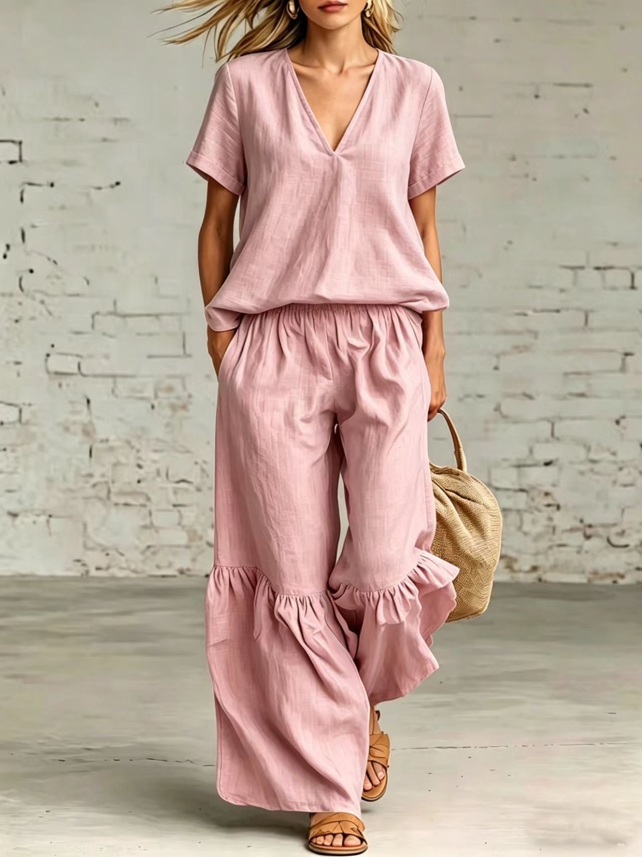 FitiqueFit casualwear V-neck loose short-sleeve top and pants set in five colors, featuring a relaxed fit and comfortable fabric.