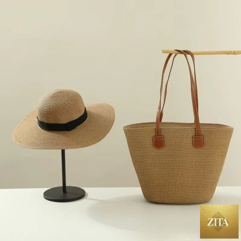 Straw Hat & Tote Set – Beach Vacation Sun Protection Duo, Large Capacity Travel Tote