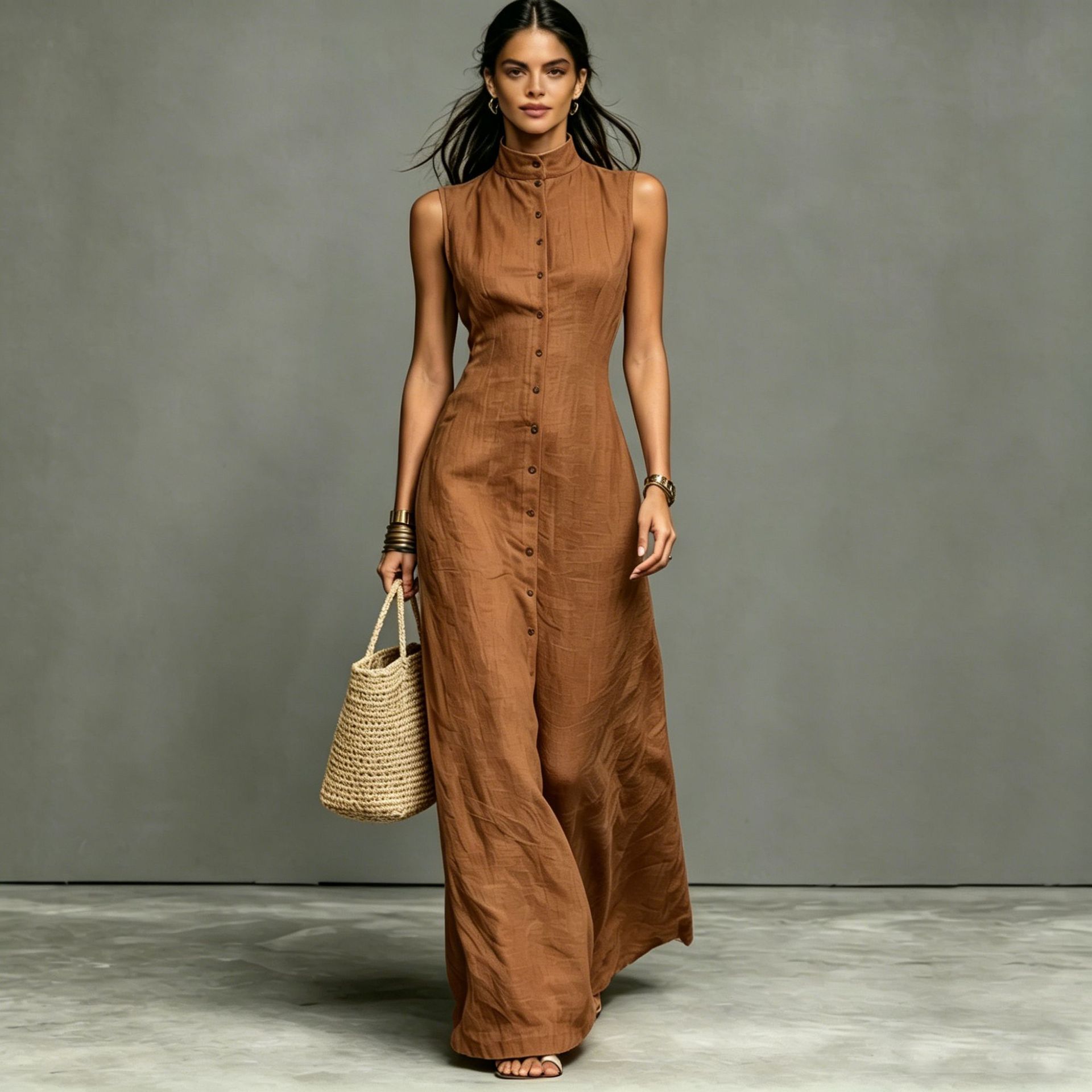 Women's casual sleeveless midi dress with stand collar and single-breasted design by FitiqueFit, shown in a stylish, relaxed fit.