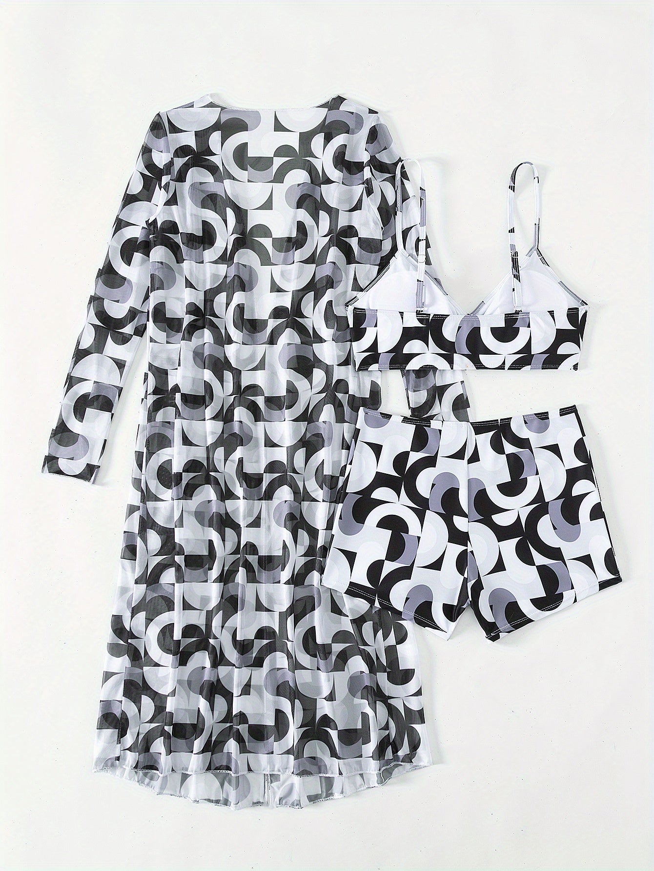 Stevvex Luxe Lines 3-piece geometric bikini set with high-rise drawstring bikini, boxer shorts, and sheer long sleeve kimono cover-up.