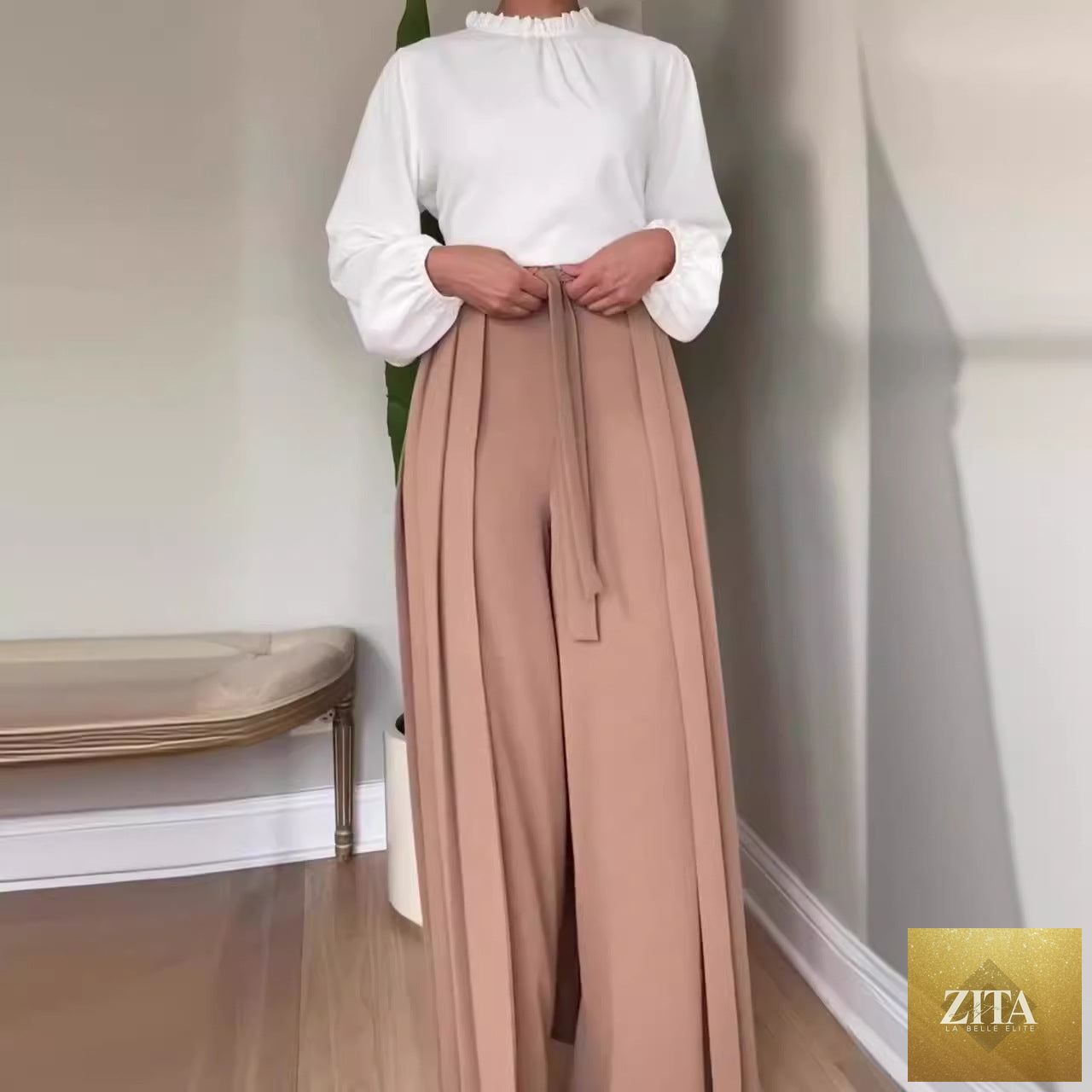 Womens Solid-Color Wide-Leg Pleated Pants With Ties