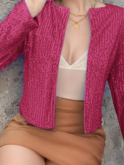 Elegant women’s full-size sequin cropped jacket with open front and glamorous sparkle, ideal for party wear by Stevvex.