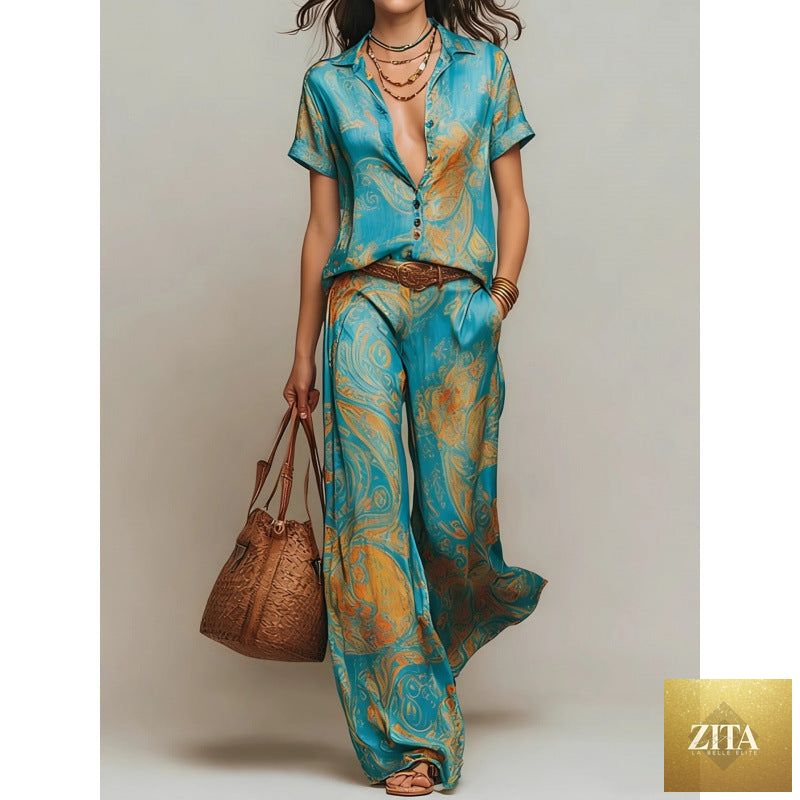 Women's Marble Swirl Print Satin-Look Short Sleeve Shirt & Wide-Leg Pants Resort Set