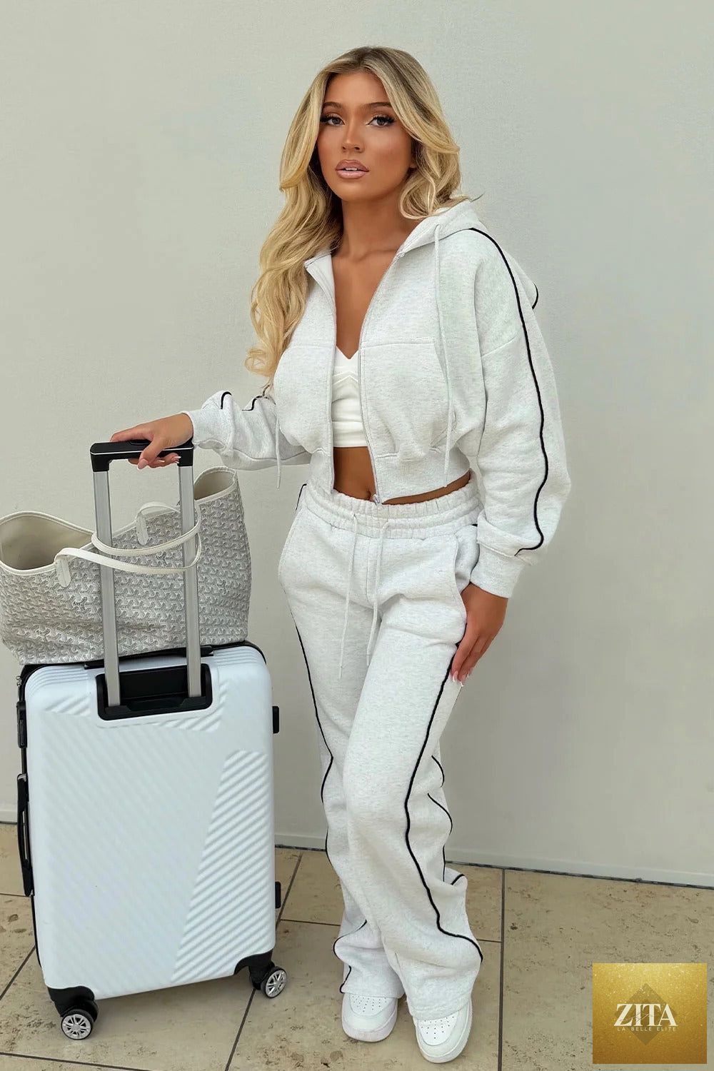 Women's Fleece Cropped Zip Hoodie & Wide-Leg Pants Set