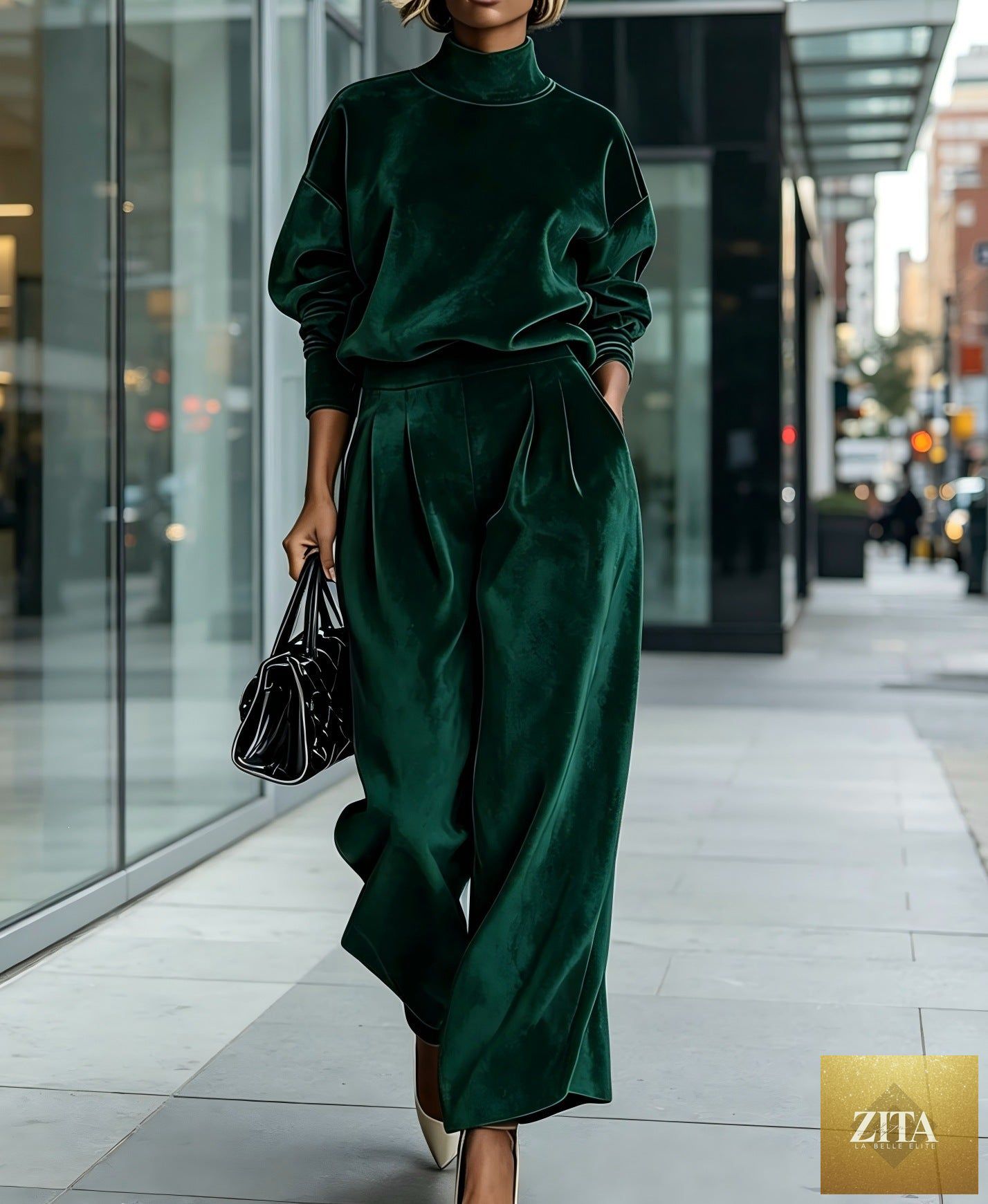 Women's Mock Turtleneck Balloon Sleeve Top & Pleated Wide-Leg Trousers Set