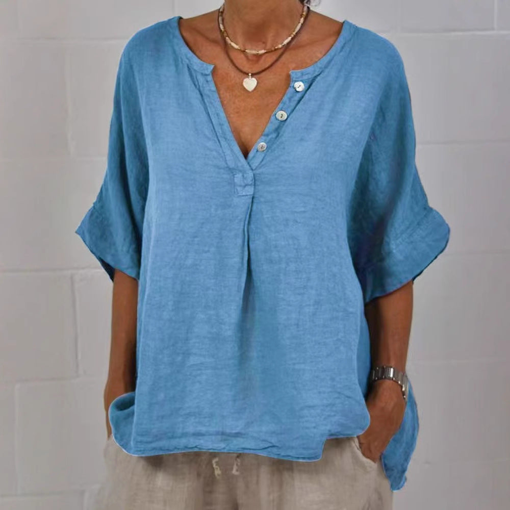Women's Cotton Linen V-Neck Button-Up Shirt