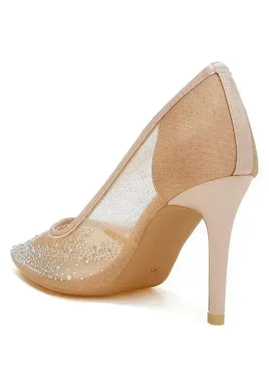 Femstylo high ball mesh rhinestone stiletto pumps with pointed toes and elegant heel design, perfect for stylish evening wear.