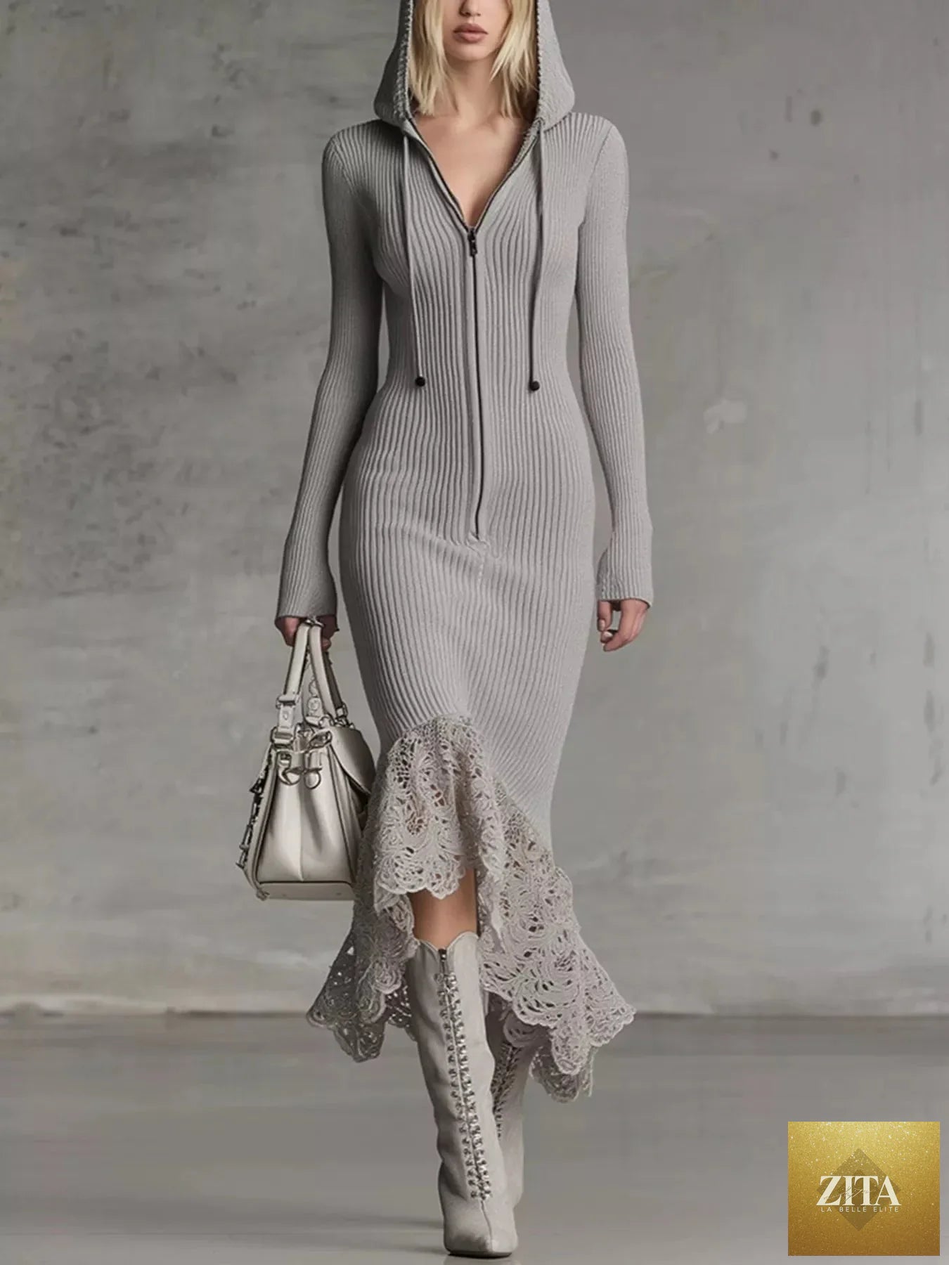 Hooded ribbed knit lace hem midi dress by Shopiebay, featuring a cozy hood, textured fabric, and elegant lace detail at the hem.