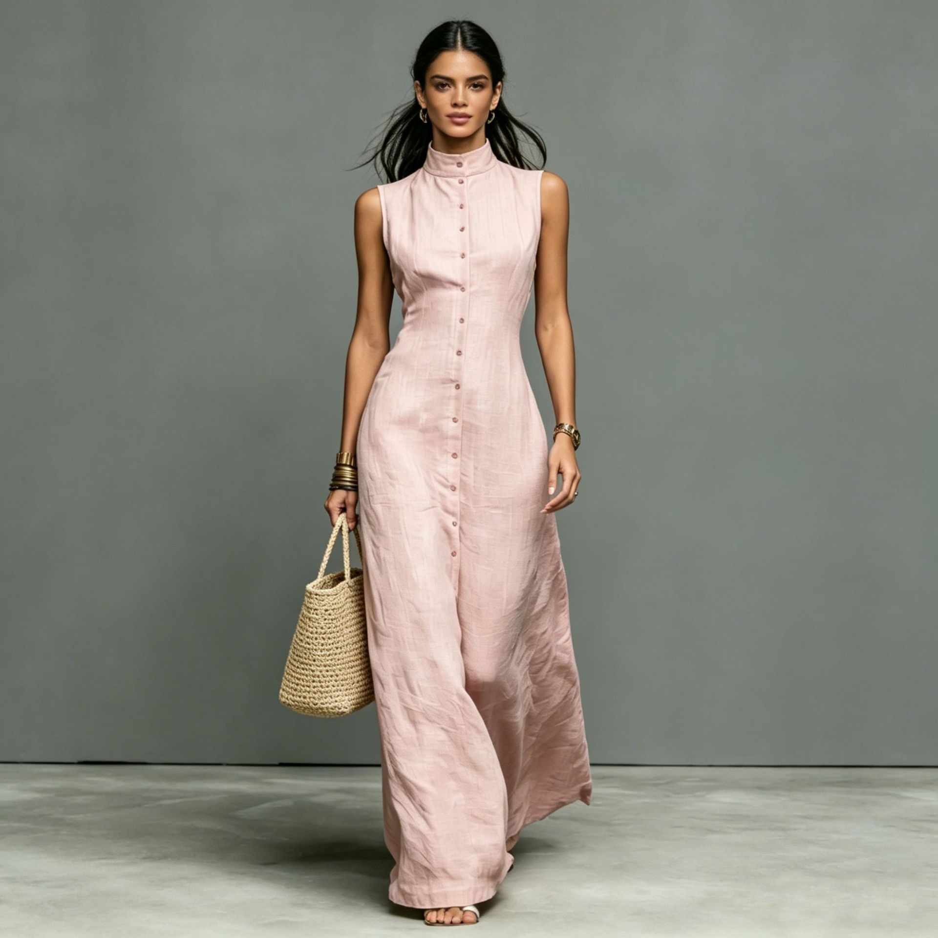 Women's sleeveless midi dress with stand collar by FitiqueFit, casualwear style, shown in a stylish design with a single-breasted front.
