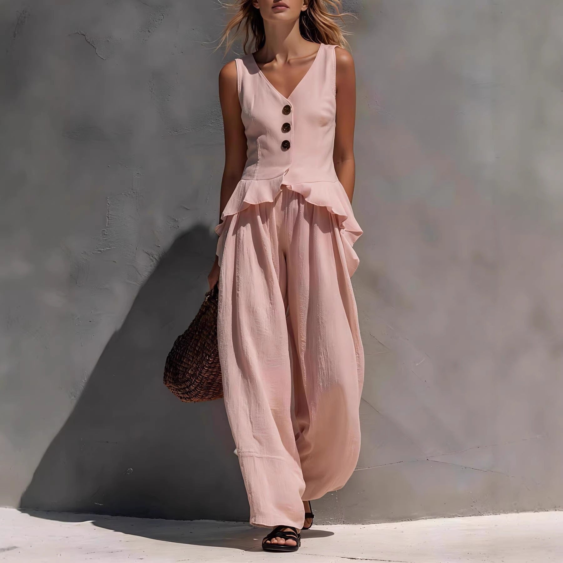 FitiqueFit ruffled tank top and draping wide-leg pants set in multiple colors, shown on a model in a casualwear outfit.