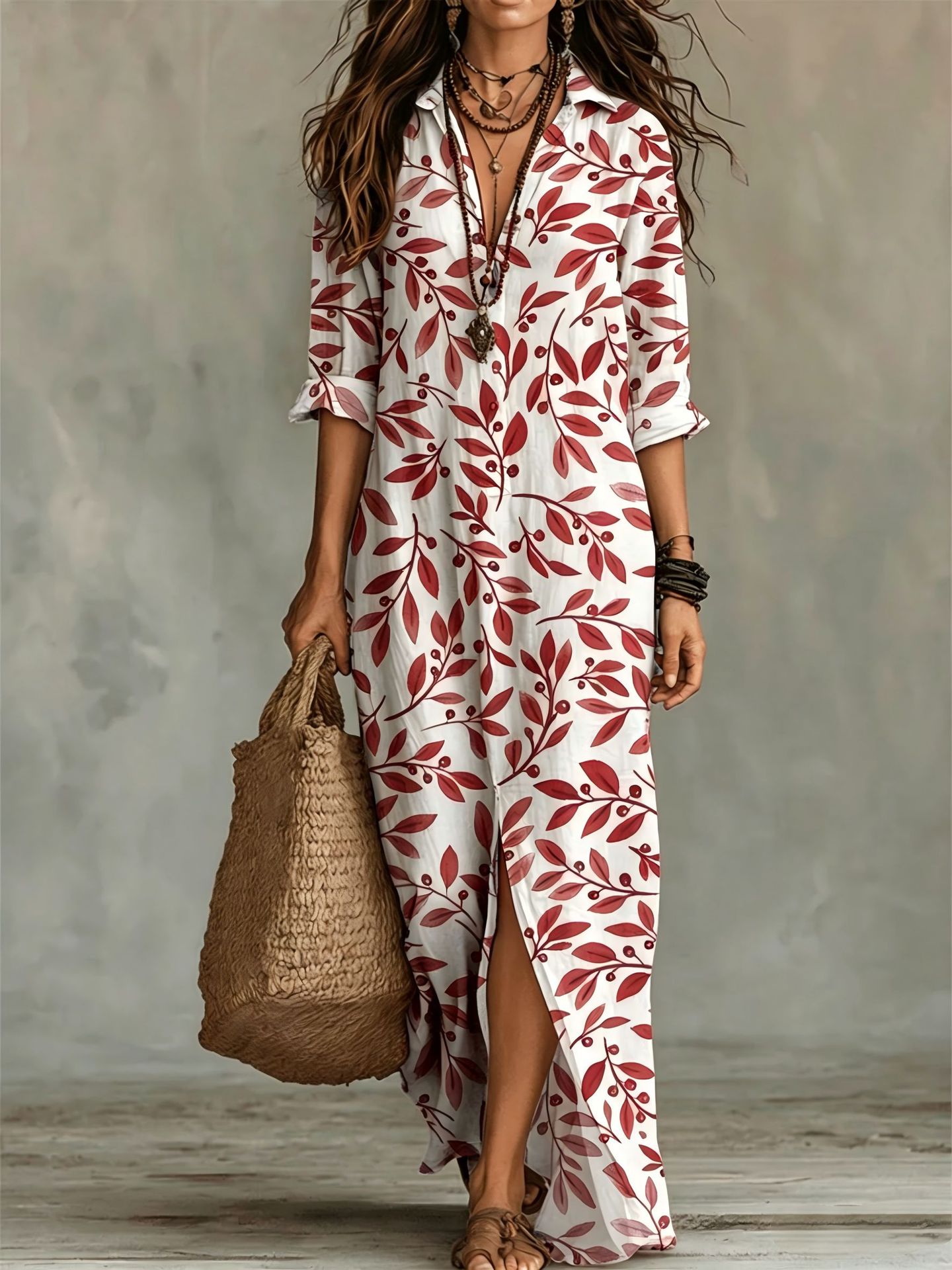Digital print lapel midi shirt dress by FitiqueFit in five colors, featuring a casual style, long sleeves, and a button-front design.