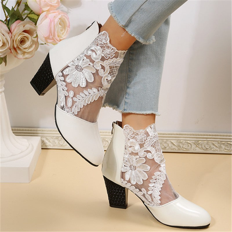 Women’s Lace-Embroidered Mesh Chunky-Heel Ankle Boots
