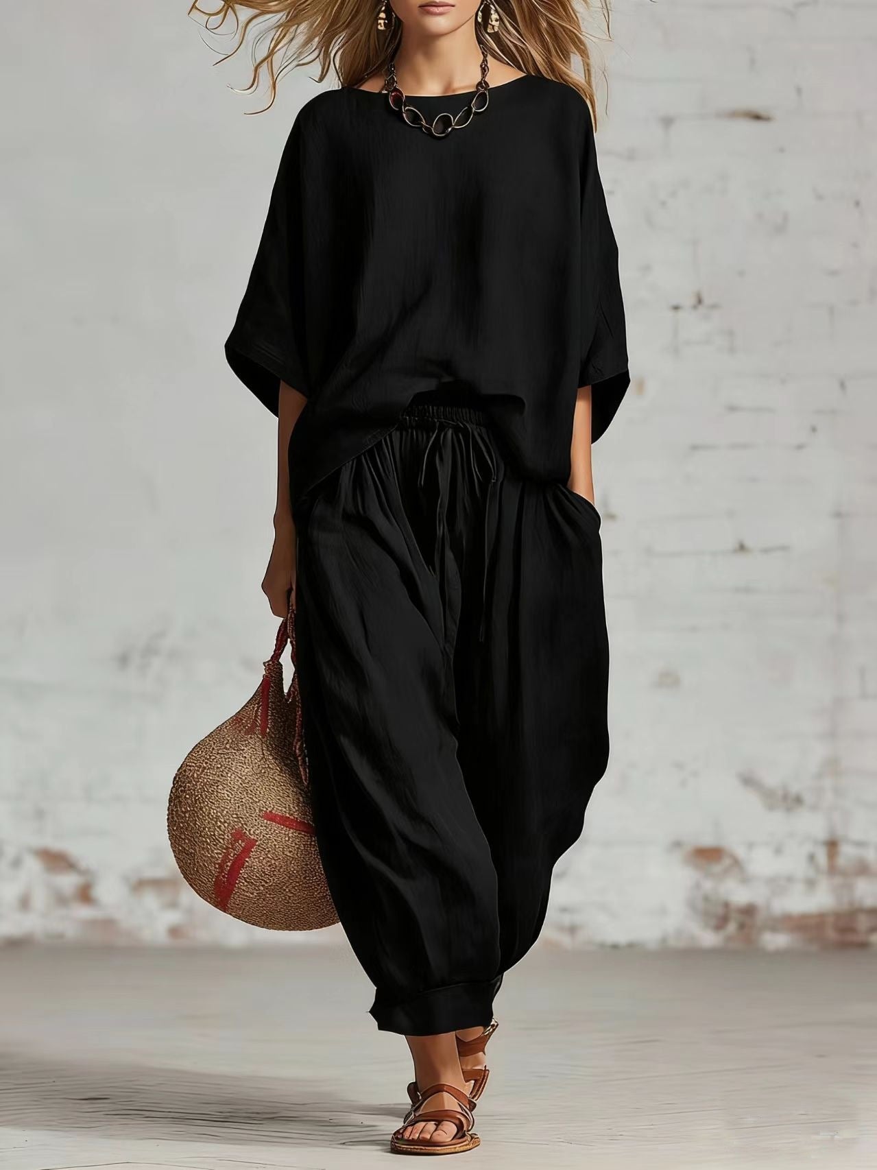 Women's solid color casual set with loose T-shirt and ankle pants by FitiqueFit, displayed on a neutral background.