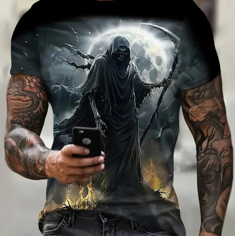 Men's printed streetwear short-sleeved shirt by FitiqueFit, featuring bold graphic design and casual fit, displayed on a hanger.