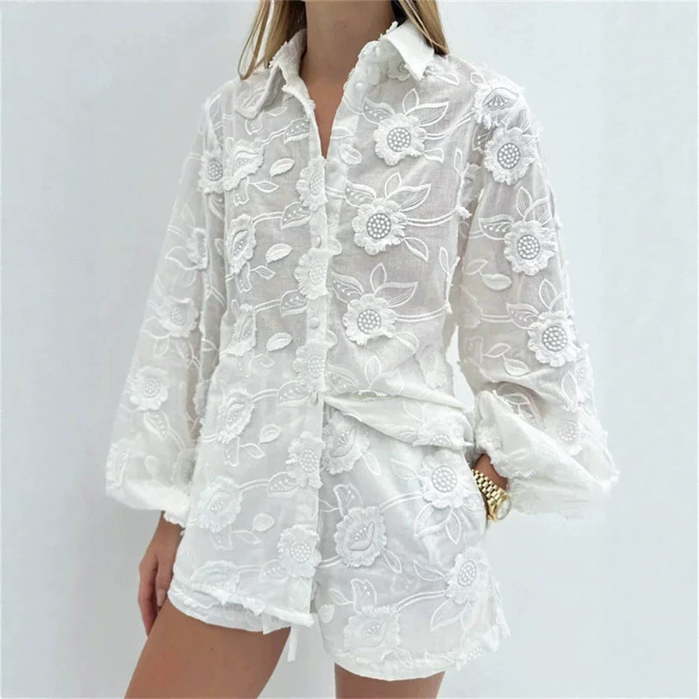 Embroidered cotton shirt and shorts two-piece set by FitiqueFit, featuring detailed embroidery and lightweight fabric.