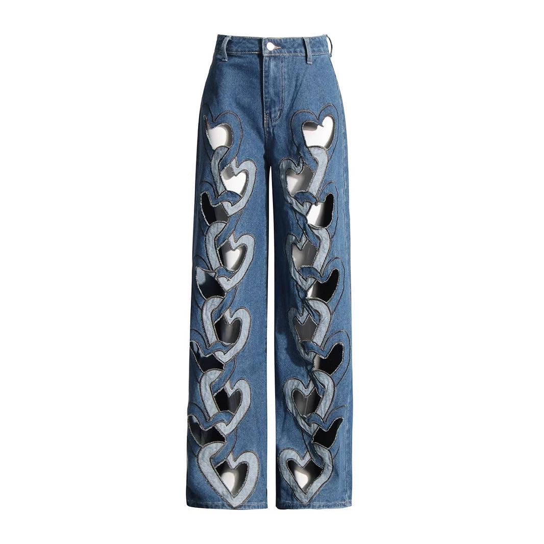FLIPSTYLEZLLC high waist wide leg jeans with hollowed heart-shaped cutouts, showcasing a trendy, fashion-forward denim style.