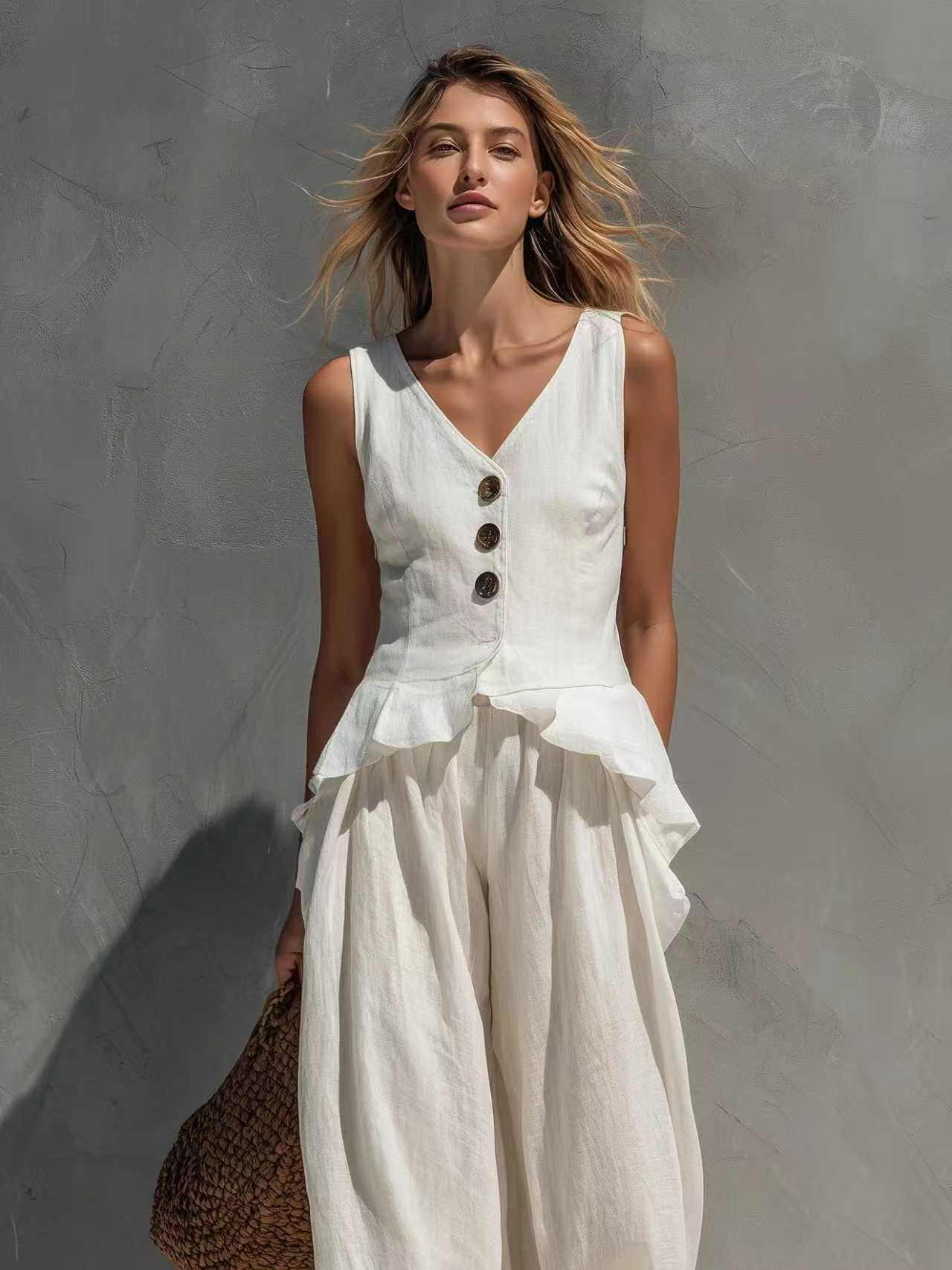 Women's sleeveless top and wide-leg pants two-piece casualwear set by FitiqueFit, featuring a relaxed fit and stylish design.