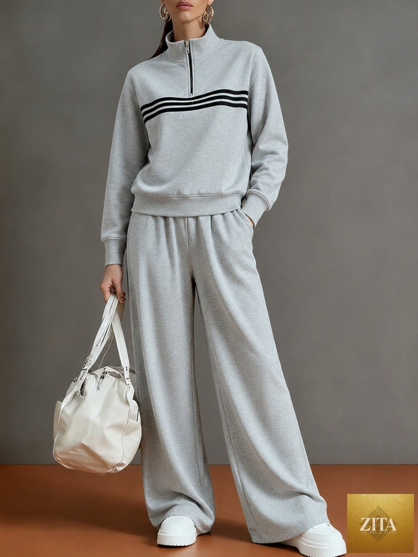 Women's Half-Zip Stripe Sweatshirt & Wide-Leg Pants Set
