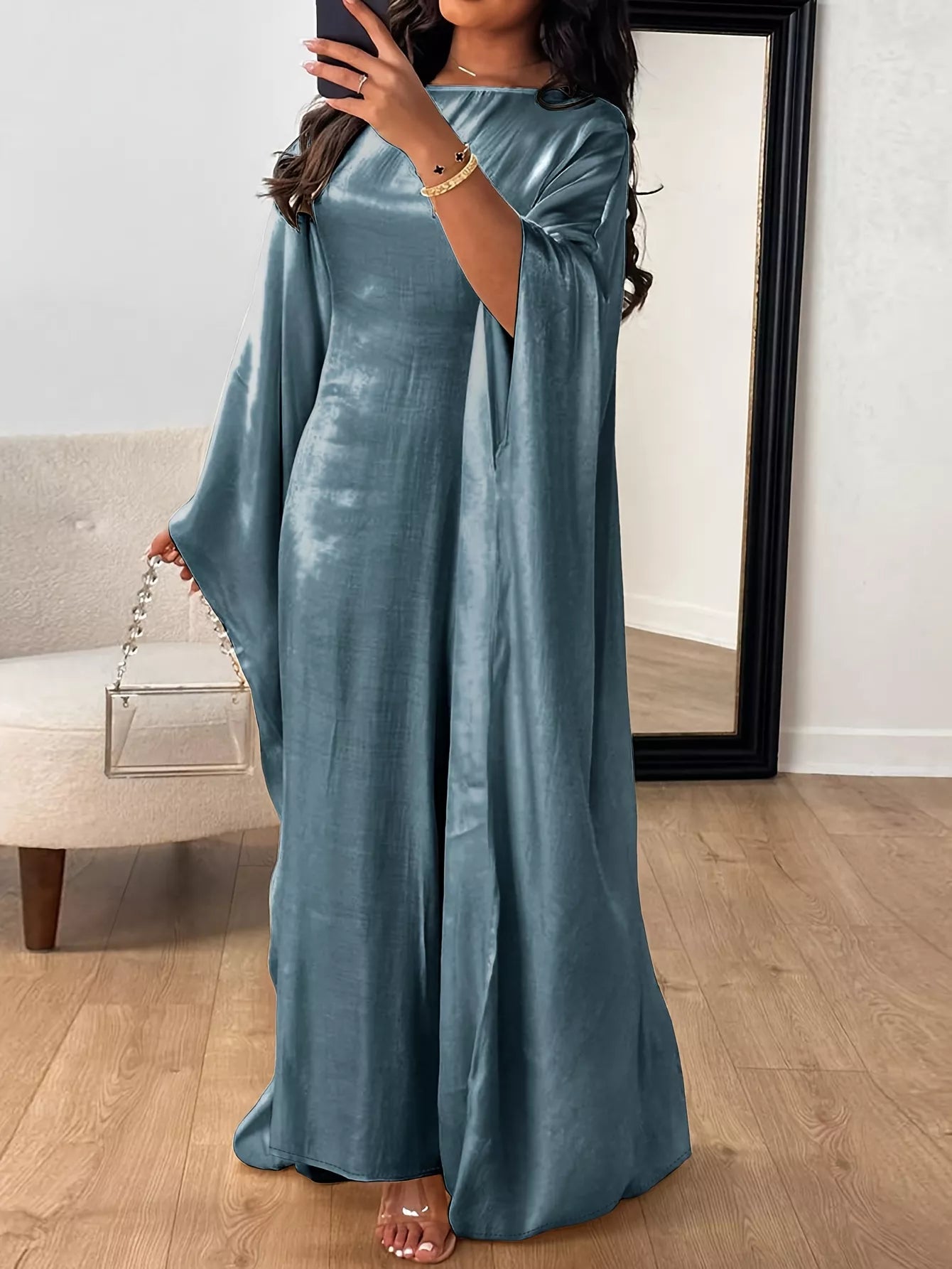 Elegant round neck kimono sleeve maxi dress by Shopiebay, flowing fabric, and ankle-length design perfect for casual or formal wear.