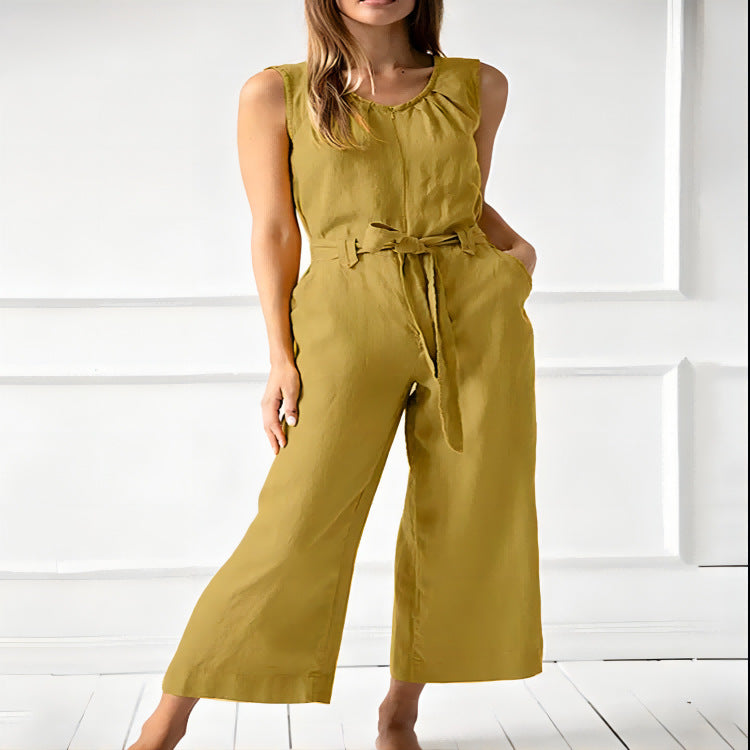 Women's solid-color mid-rise full-length cotton trousers by FitiqueFit, casualwear, showing the relaxed fit and comfortable fabric.