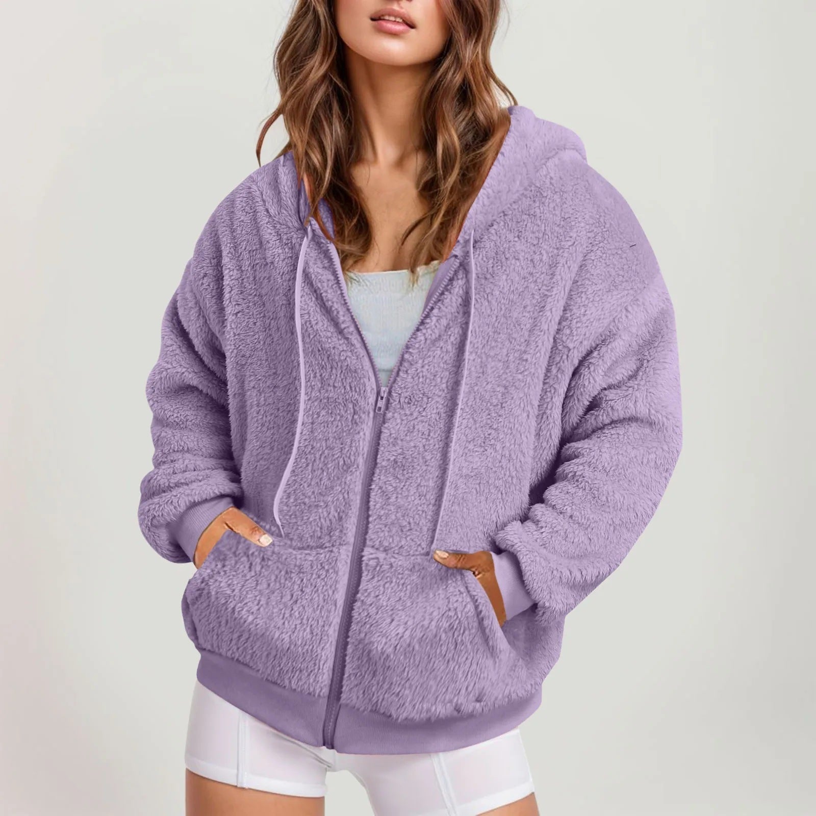 FitiqueFit long zip-up hoodie made of soft cotton velvet with an oversized fit, featuring a front zipper and relaxed style.