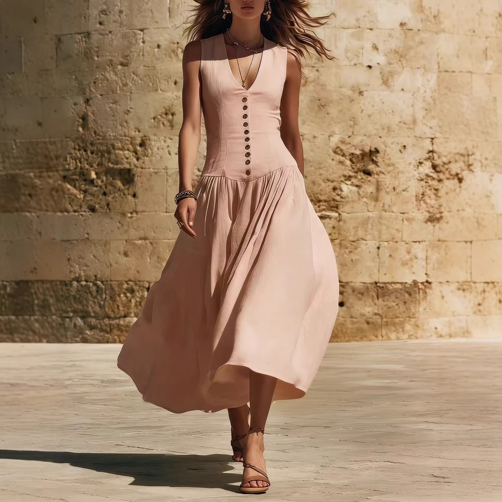 Sleeveless V-Neck Button Dress – Elegant Cotton-Linen Maxi Dress