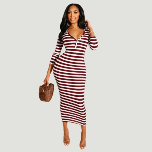 Sexy striped midi bodycon dress Women autumn winter female Jade