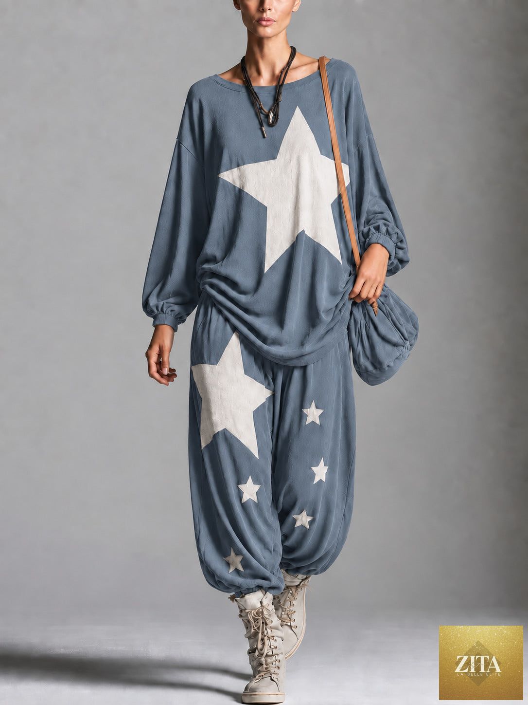 Women's Star Print Oversized Batwing Long-Sleeve Sweatshirt & Harem Balloon Trouser Set