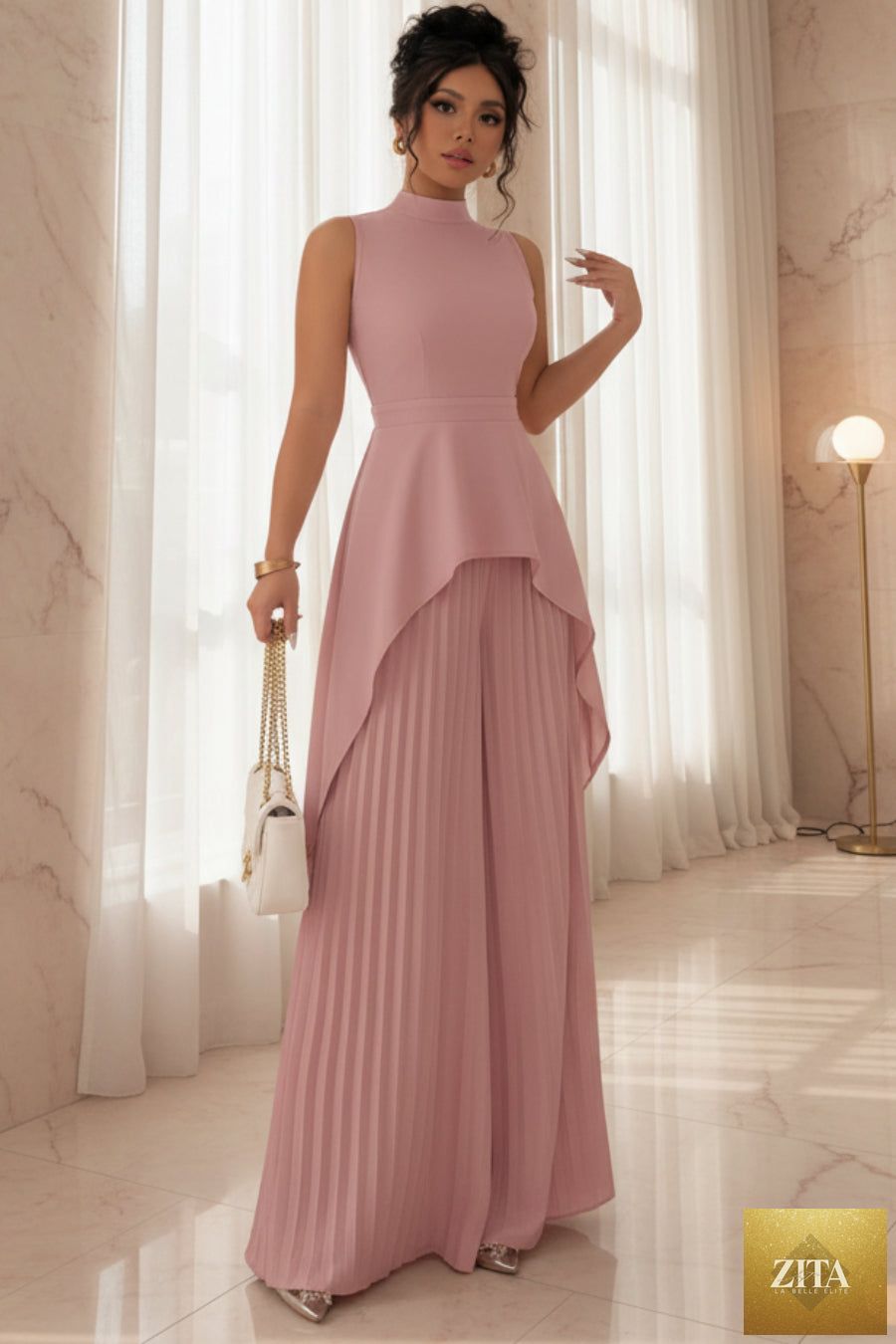 Women's Mock Neck Asymmetric Hi-Lo Peplum Top & Accordion Pleated Wide-Leg Palazzo Pants Set