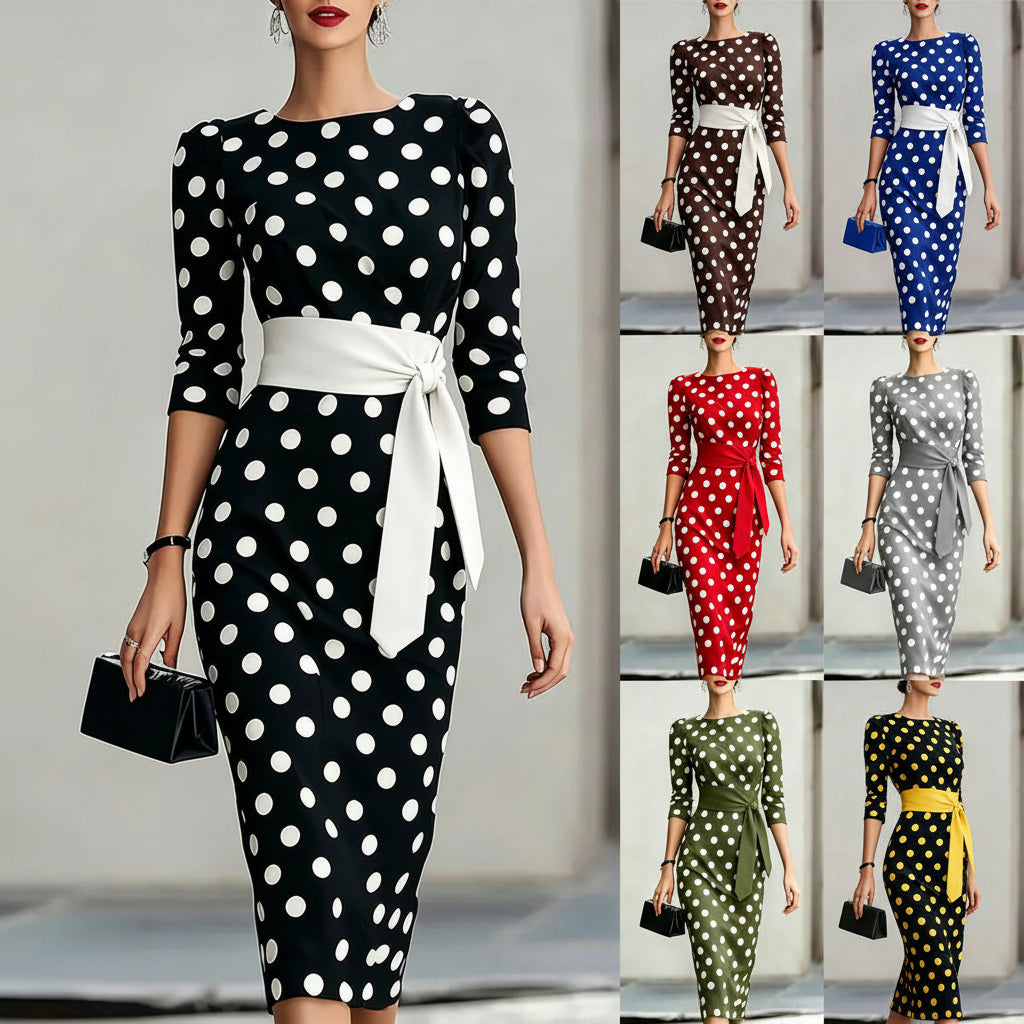 Women's retro polka-dot bodycon midi dress with belt and cross-tie from FitiqueFit, perfect for casualwear.