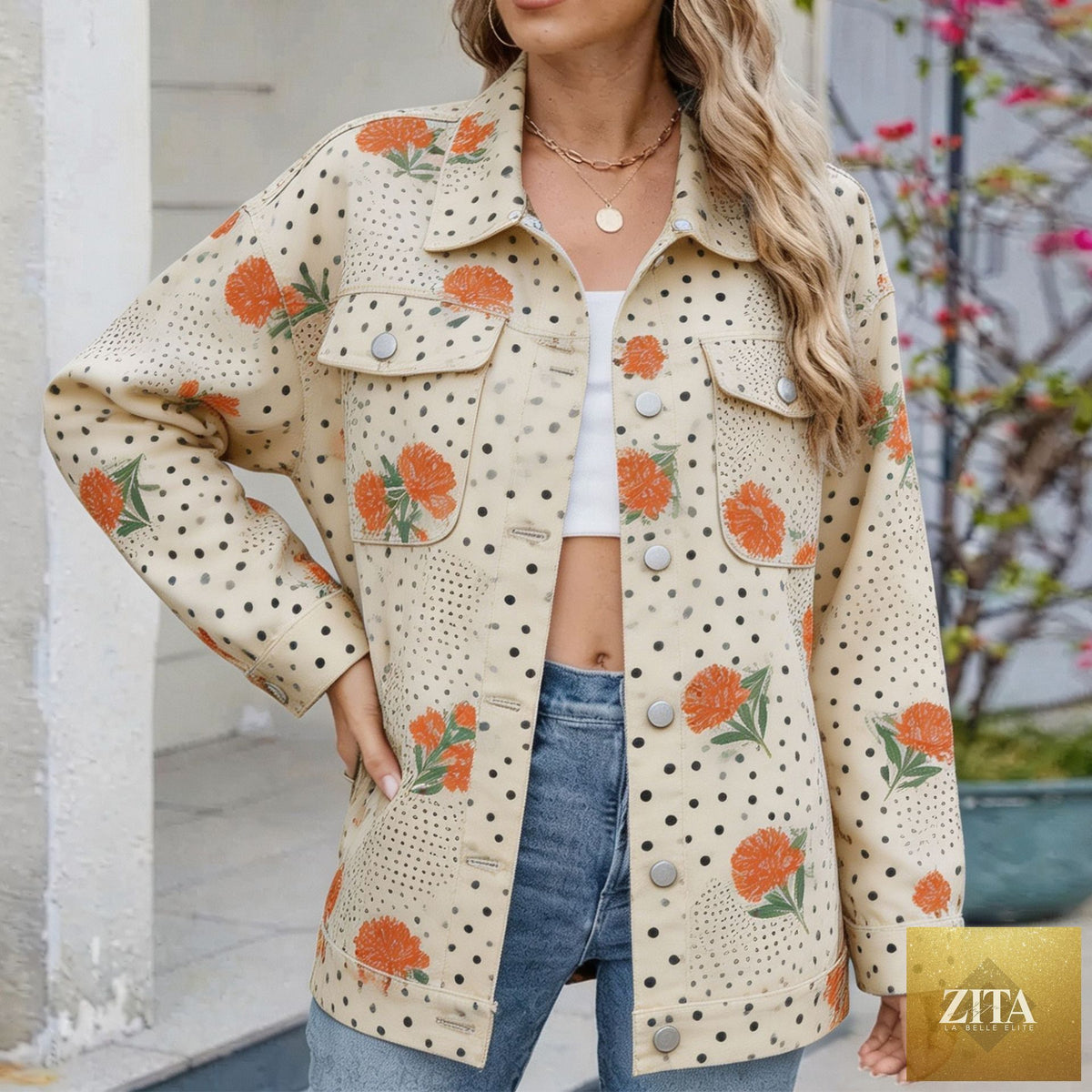 Women's Botanical Print Drop-Shoulder Denim Jacket