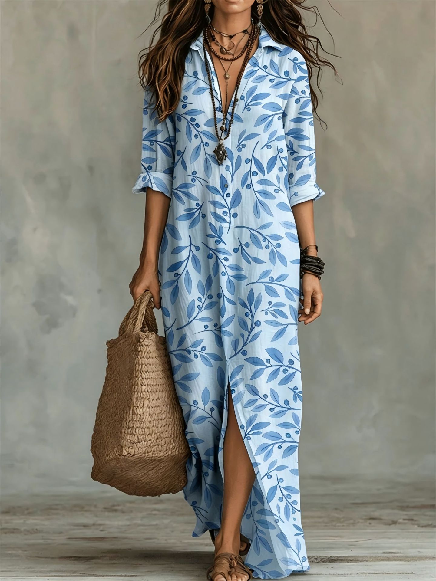 FitiqueFit digital print lapel midi shirt dress in casualwear style, available in five colors, size S to 3XL, shown in image.