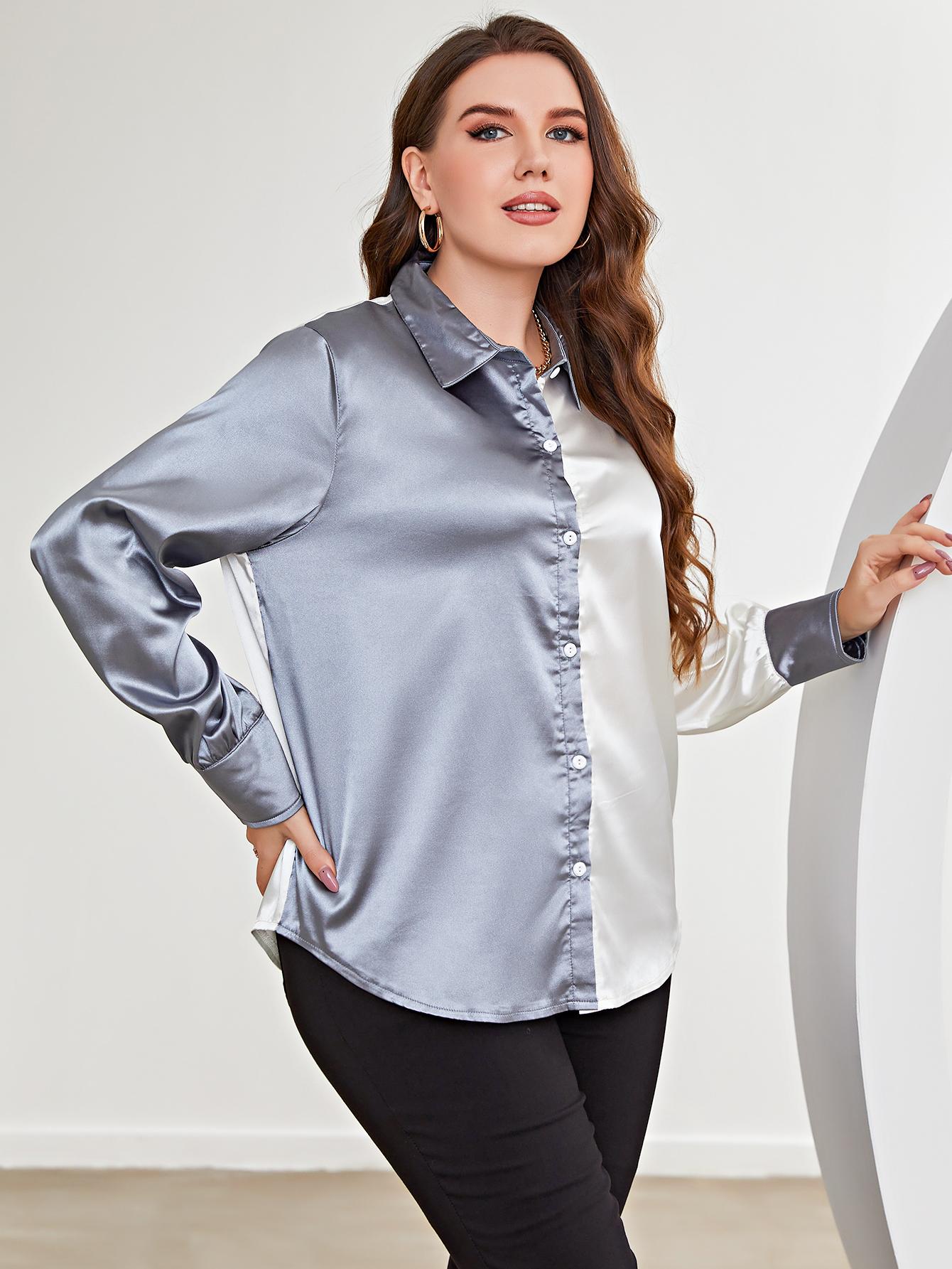 Plus Size Two-Tone Long Sleeve Shirt See size chart under “more details”