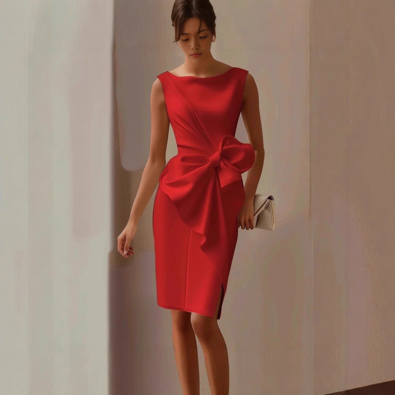 Women's sleeveless midi dress with bow-knot detail, high waist, A-line casualwear from FitiqueFit, styled for everyday wear.