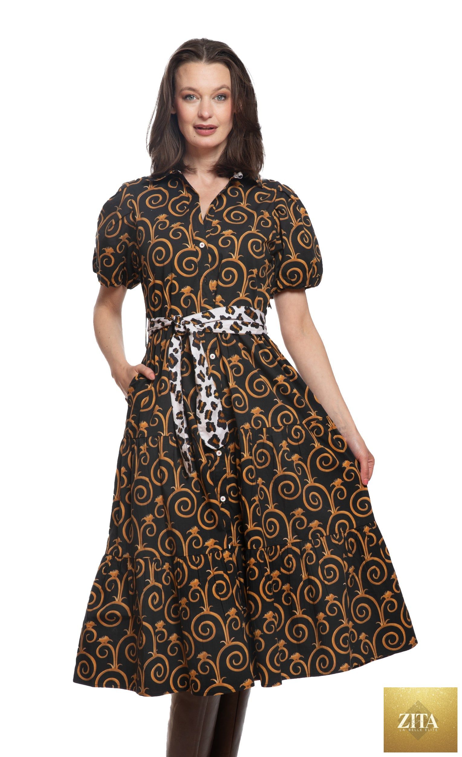Litchfield Dress Black and Gold Swirl Print