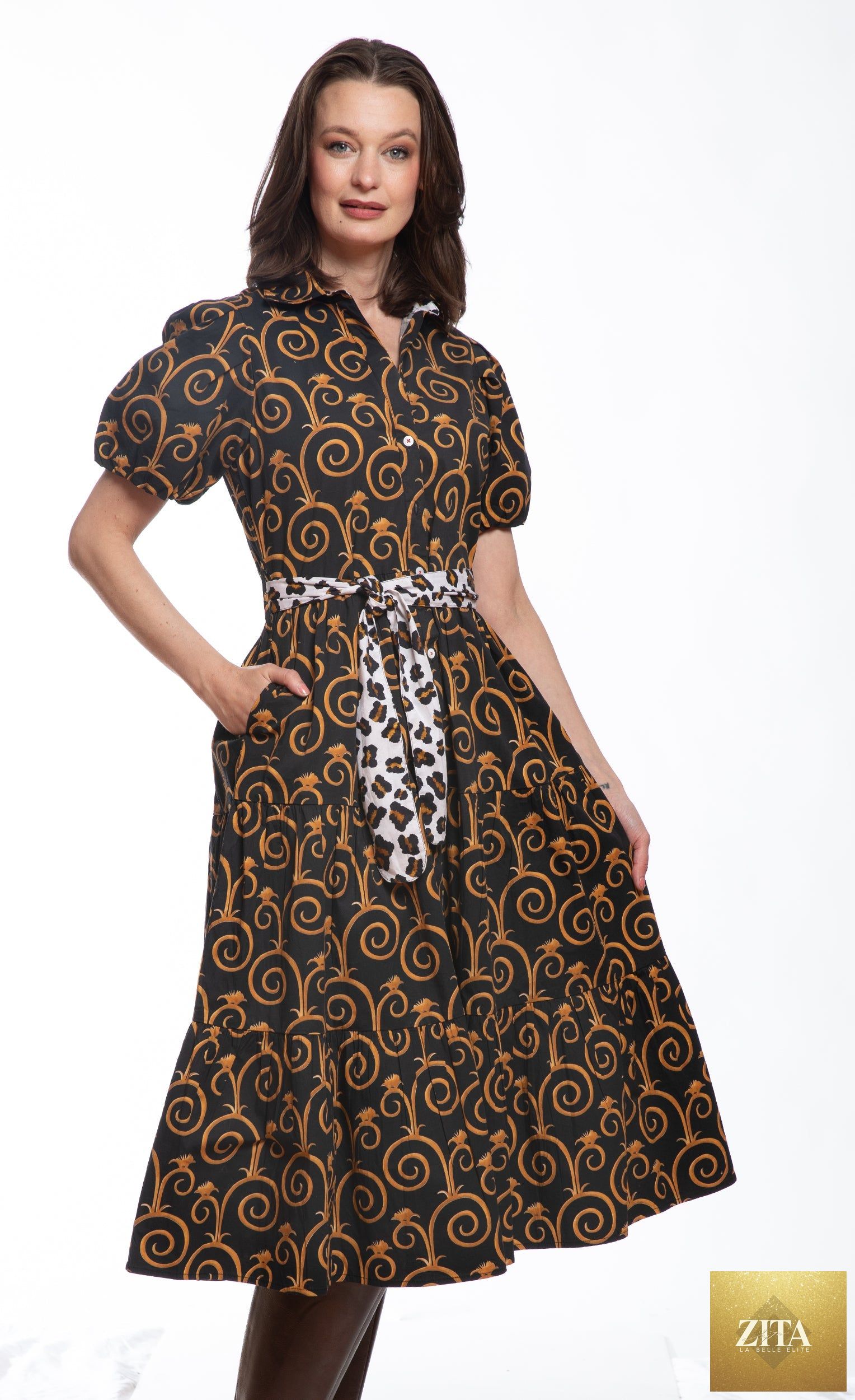 Litchfield Dress Black and Gold Swirl Print