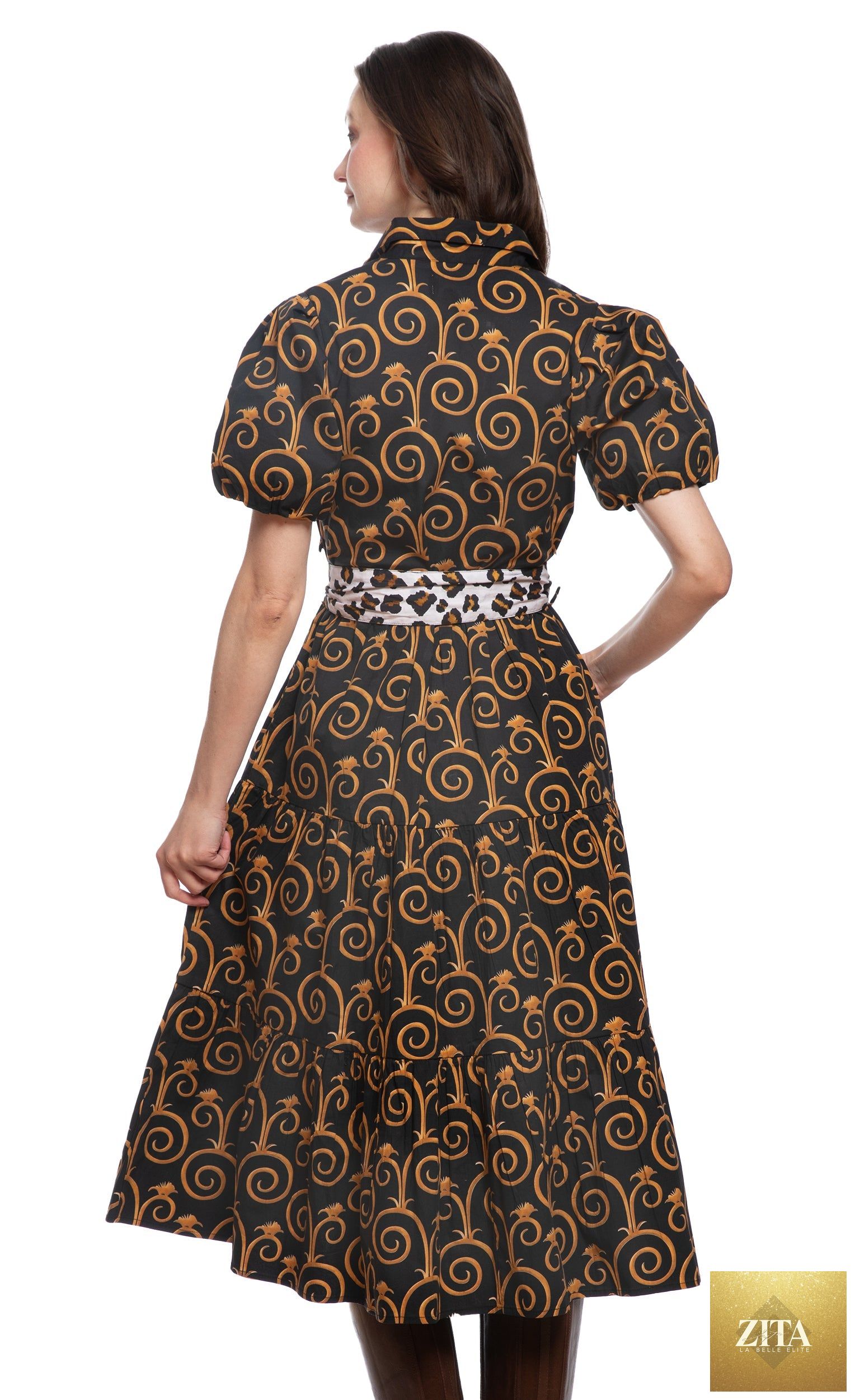 Litchfield Dress Black and Gold Swirl Print