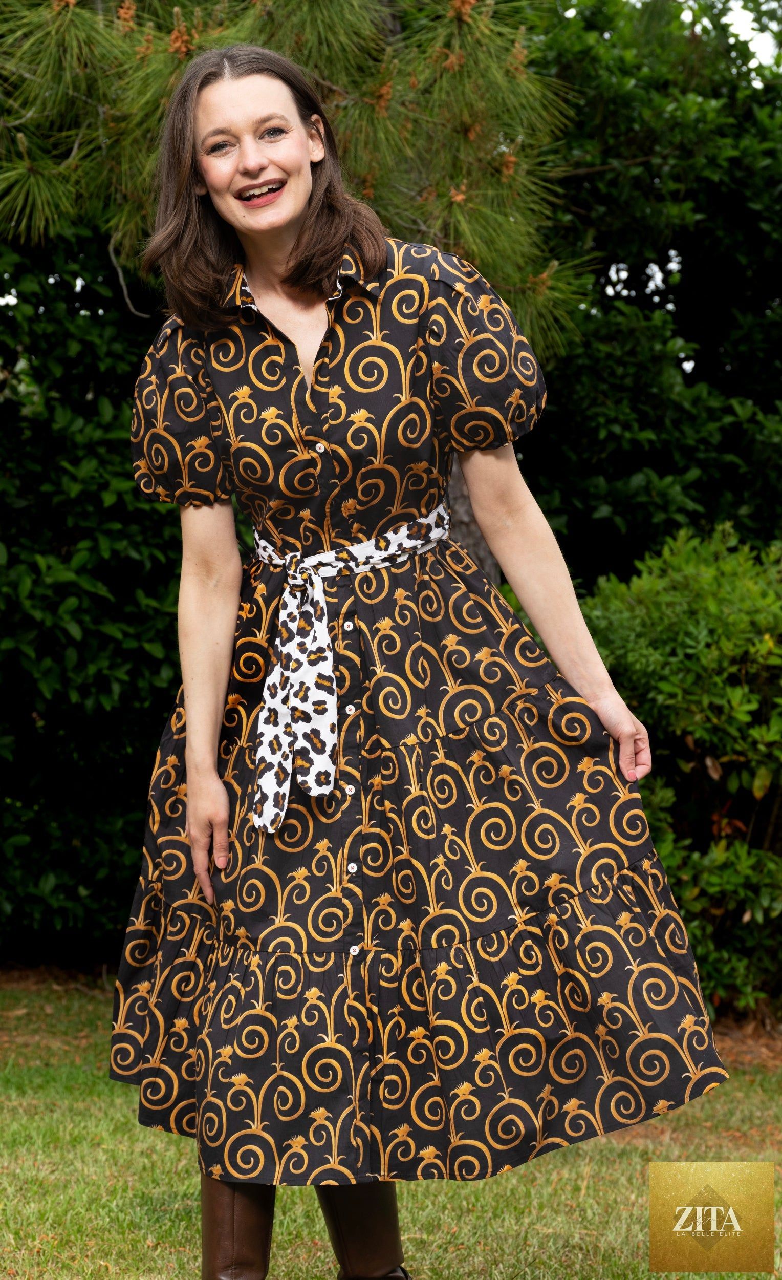 Litchfield Dress Black and Gold Swirl Print
