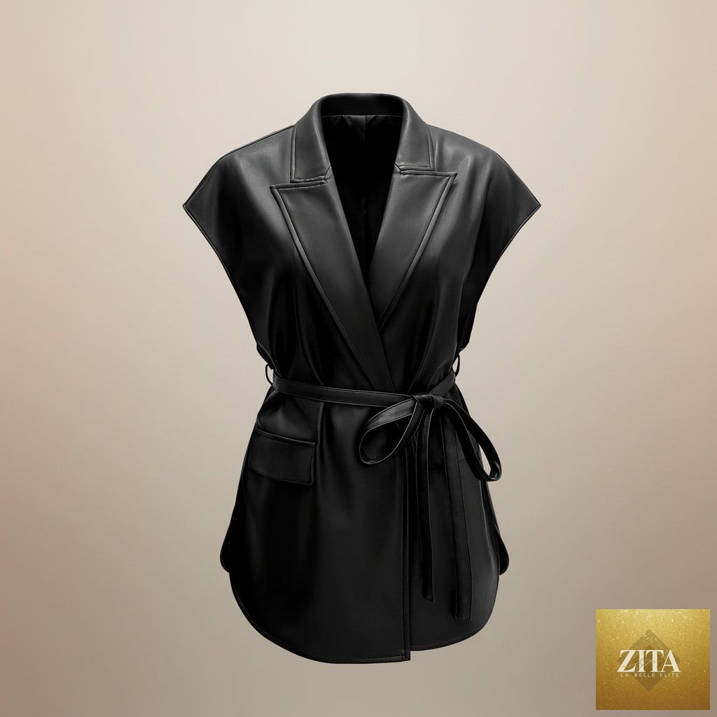 Women's sleeveless PU leather vest jacket with suit collar and tie-up waist, stylish outerwear by FitiqueFit.