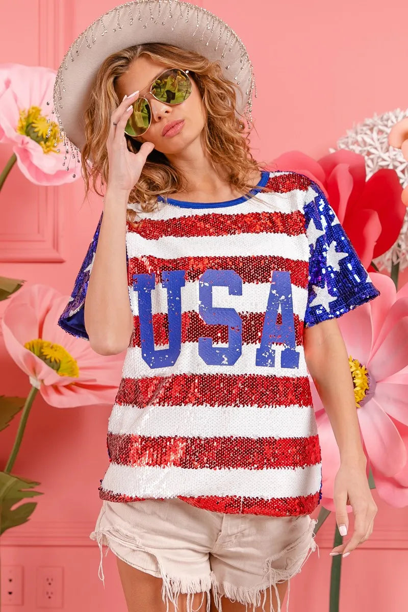 BiBi American Flag Theme USA Lettering Sequin Top