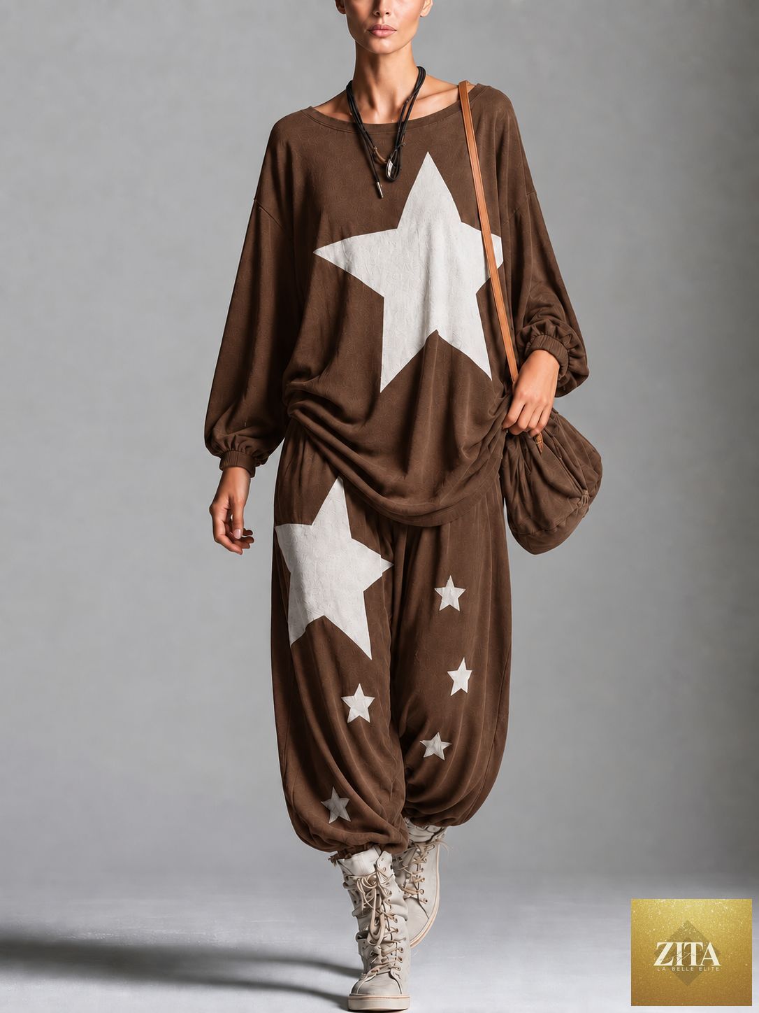 Women's Star Print Oversized Batwing Long-Sleeve Sweatshirt & Harem Balloon Trouser Set