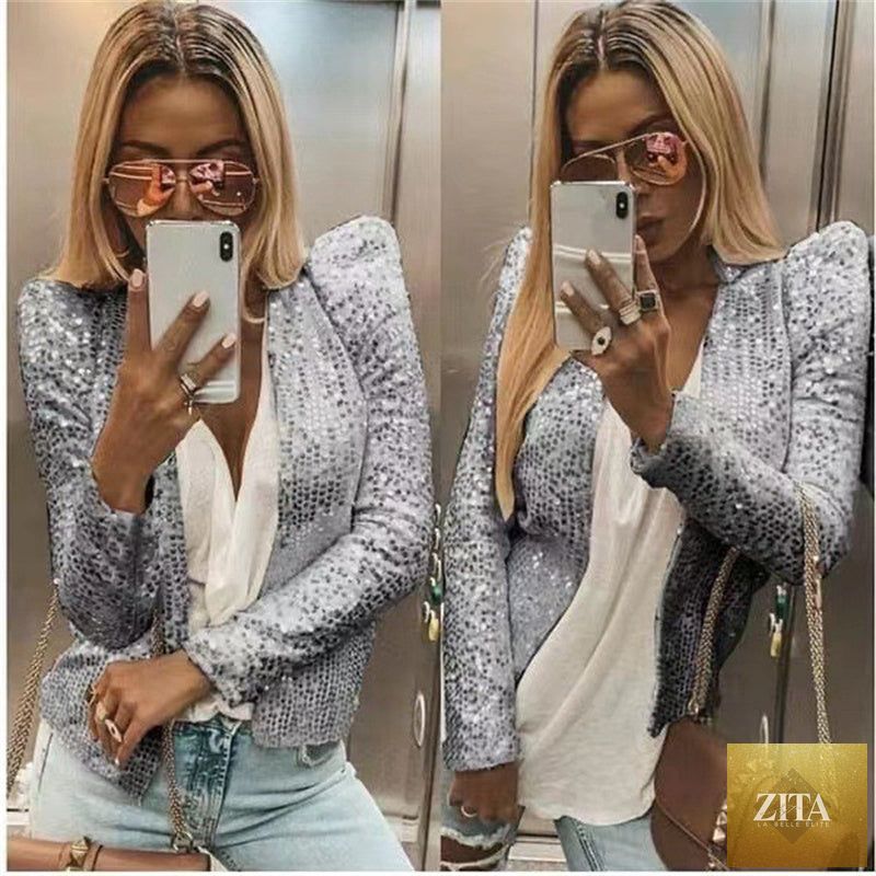 Women's colorblock sequin short jacket by FitiqueFit, featuring casual glam style with vibrant sequins and stylish design.