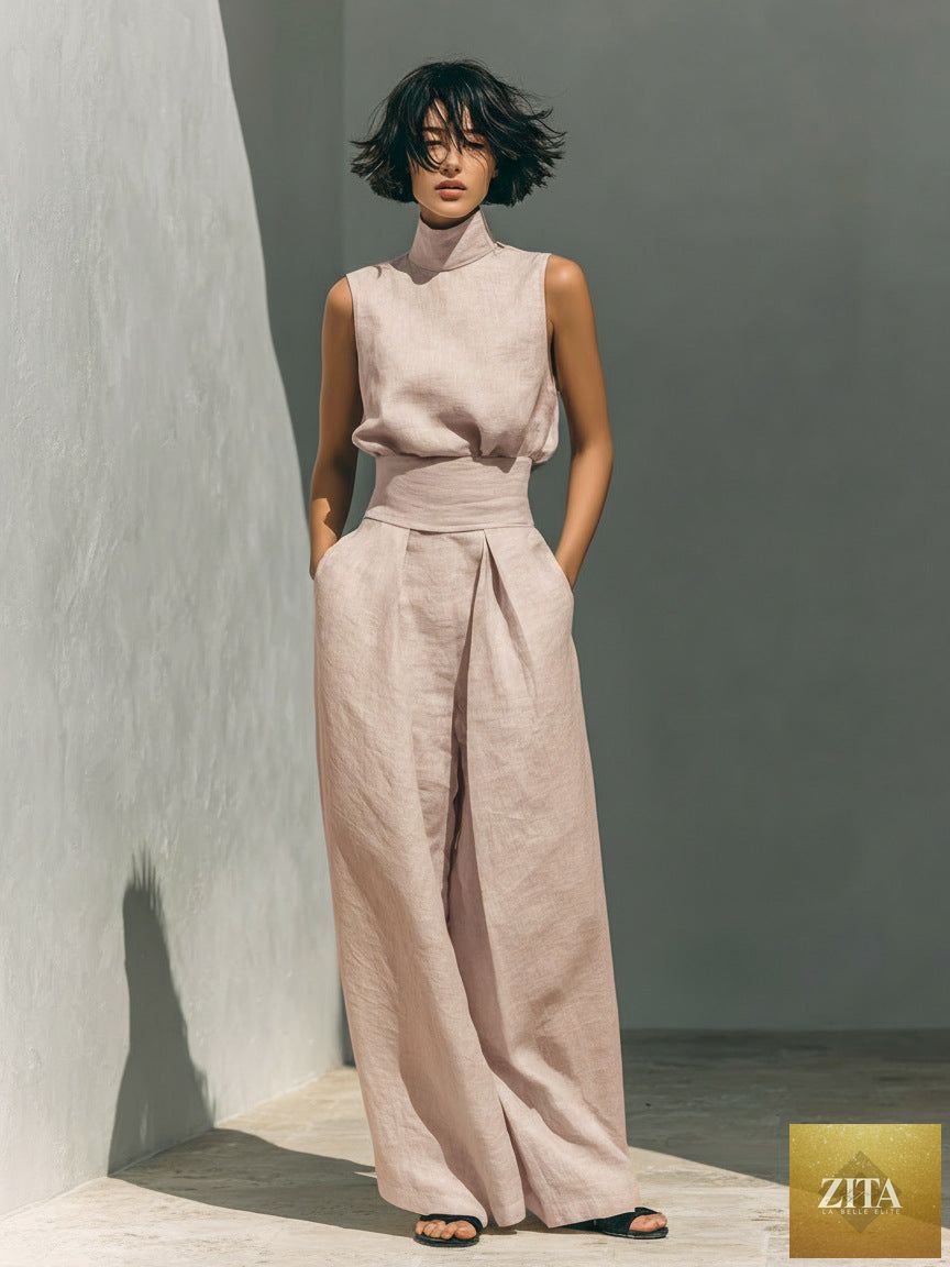 Women's linen-blend high-neck sleeveless top and wide-leg pants set by MERIDGE, shown on a model in a casual indoor setting.