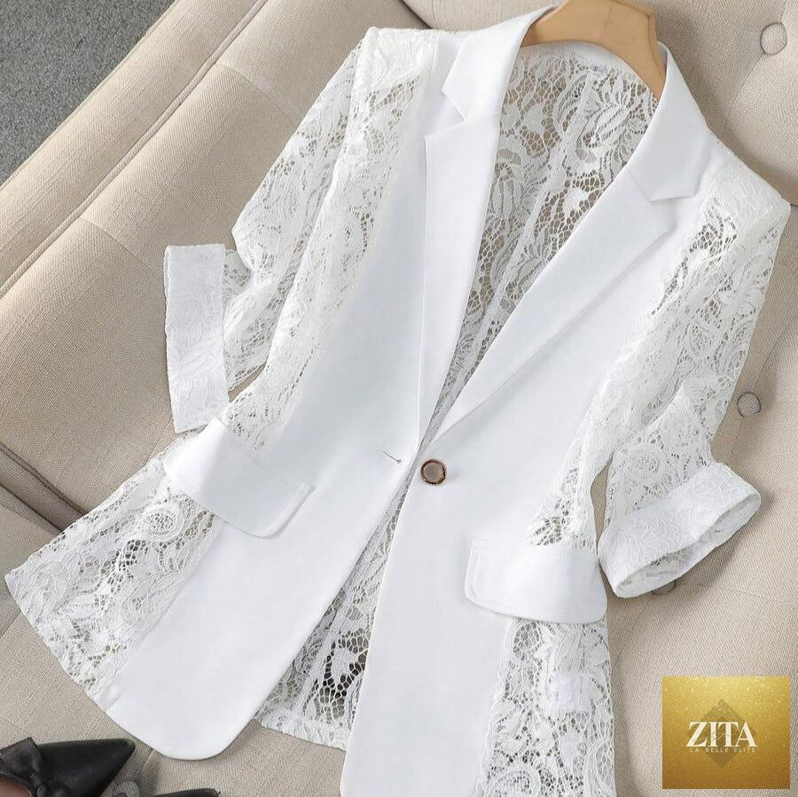 Fashionable women's blazer with lace-panel design, tailored fit, and classic collar, perfect for stylish office or casual wear.