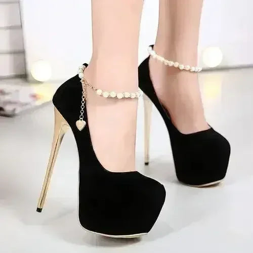 Femstylo high heel platform pumps with stiletto heels, stylish work to party shoes, featuring comfortable design and sleek black finish.